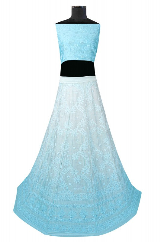 Ada Hand Embroidered Ombre Blue Chanderi Lucknowi Chikankari Lehenga Set 01A127217