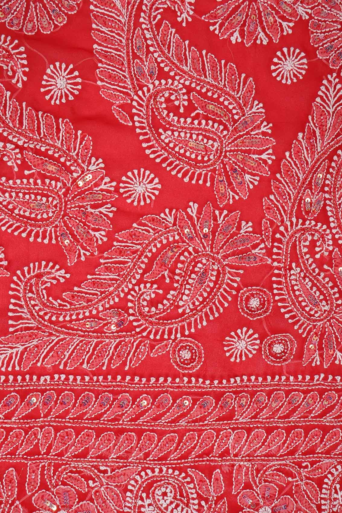 Ada Hand Embroidered Red Georgette Lucknowi Chikankari Saree/Blouse With Sequinned Work 01A137051