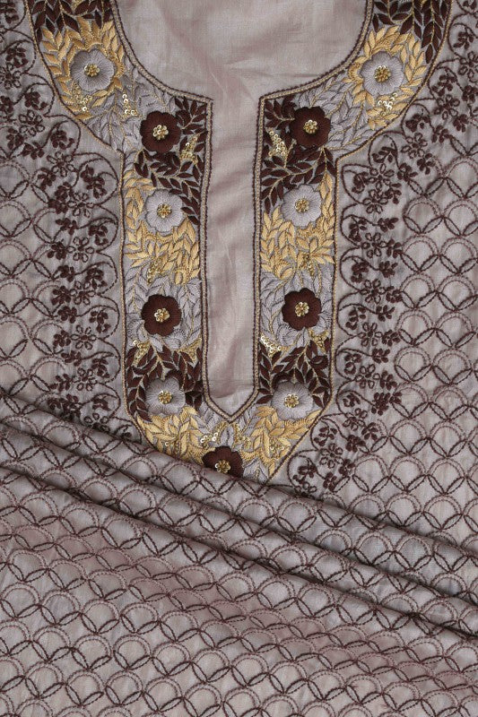 Ada Hand Embroidered Cloud Grey Tusser Silk Lucknow Chikankari Unstitched Kurta Piece A501272