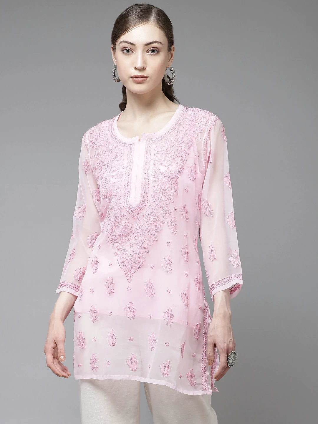 Ada Hand Embroidered Pink Georgette Lucknow Chikan Kurti With slip-A911138