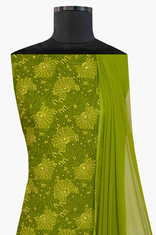 Ada Hand Embroidered Crocodile Green Cotton Lucknowi Chikan Unstitched Suit Piece A100308