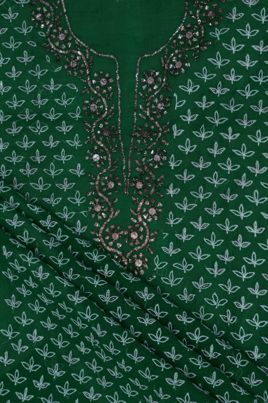 Ada Hand Embroidered Green Chanderi Chikan Unstitched Kurta With Muqaish Work A171645