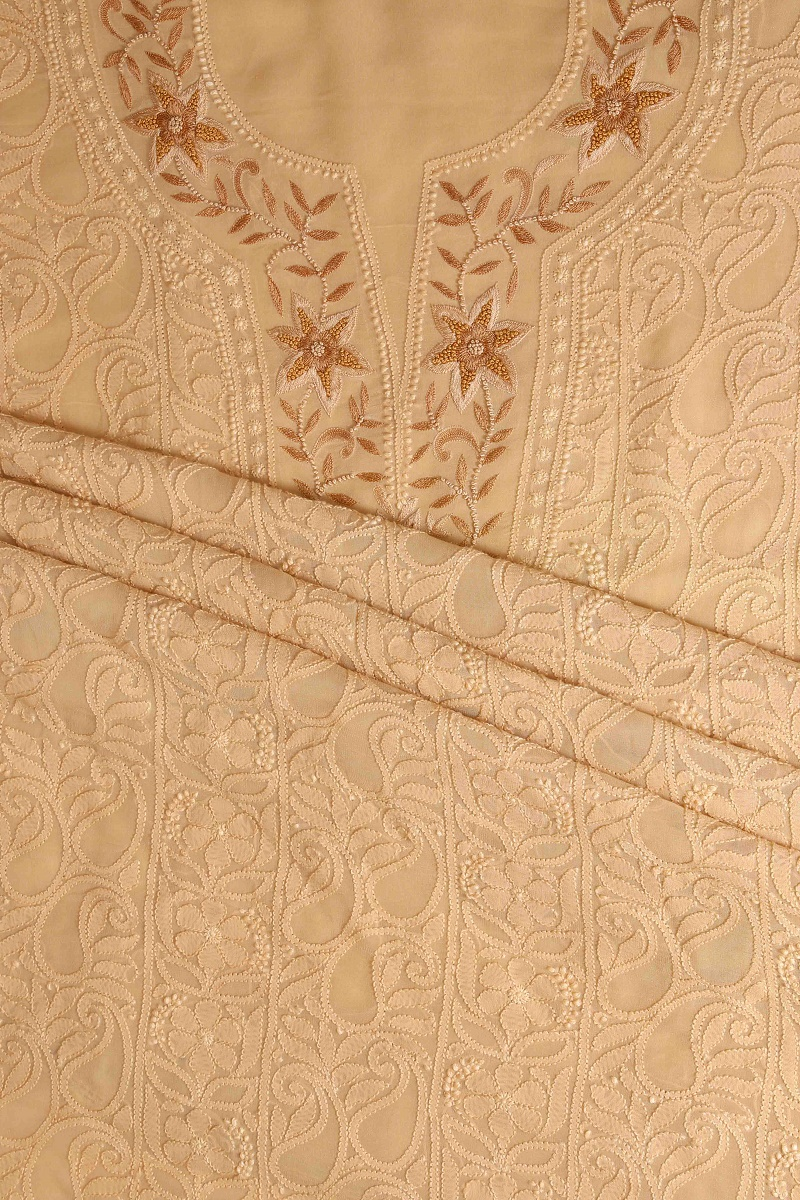 Ada Hand Embroidered Fawn Georgette Lucknowi Chikan Unstitched Kurta Piece-A370783