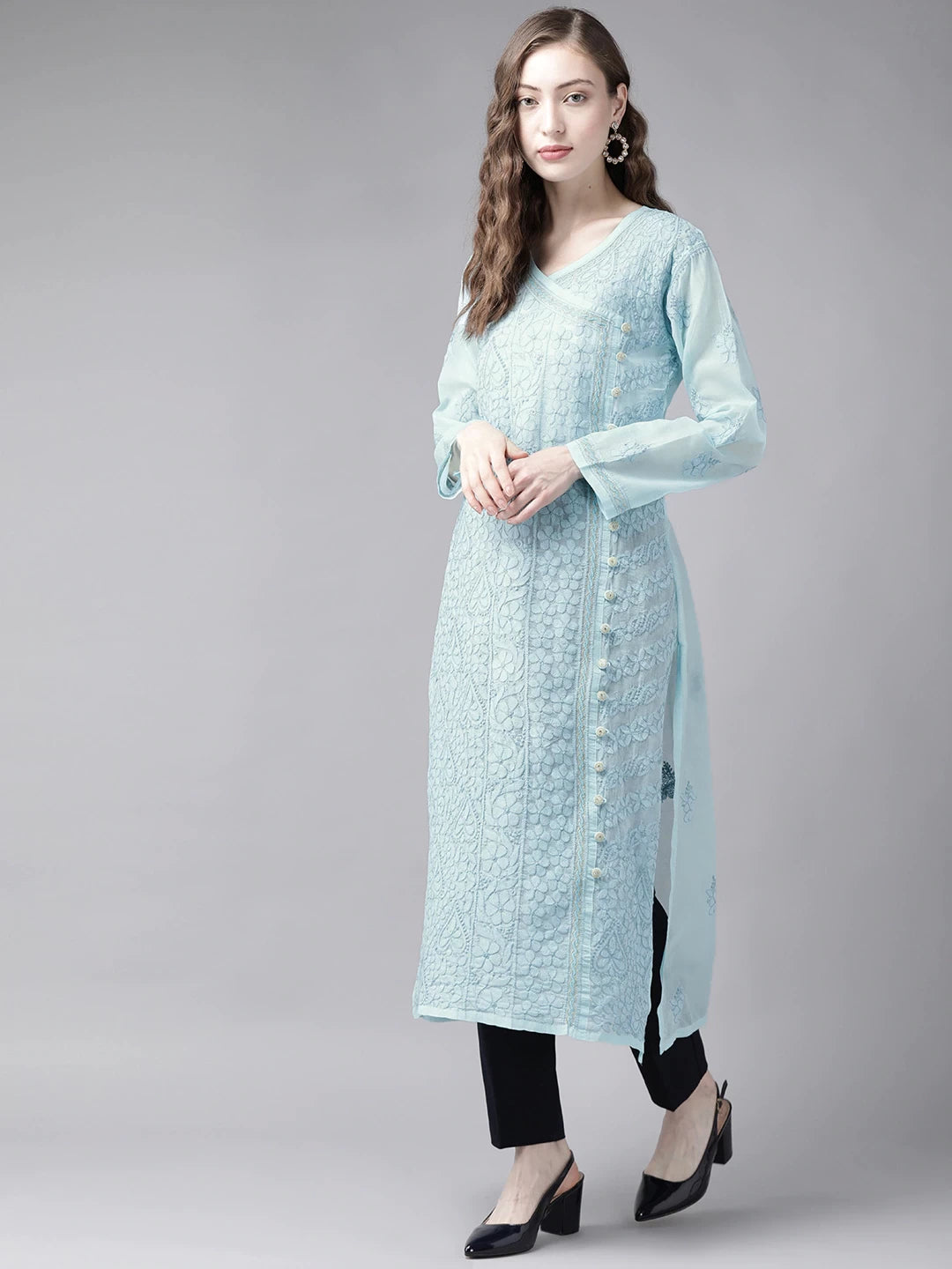 Ada Hand Embroidered Blue Cotton Lucknow Chikan Kurta A411250