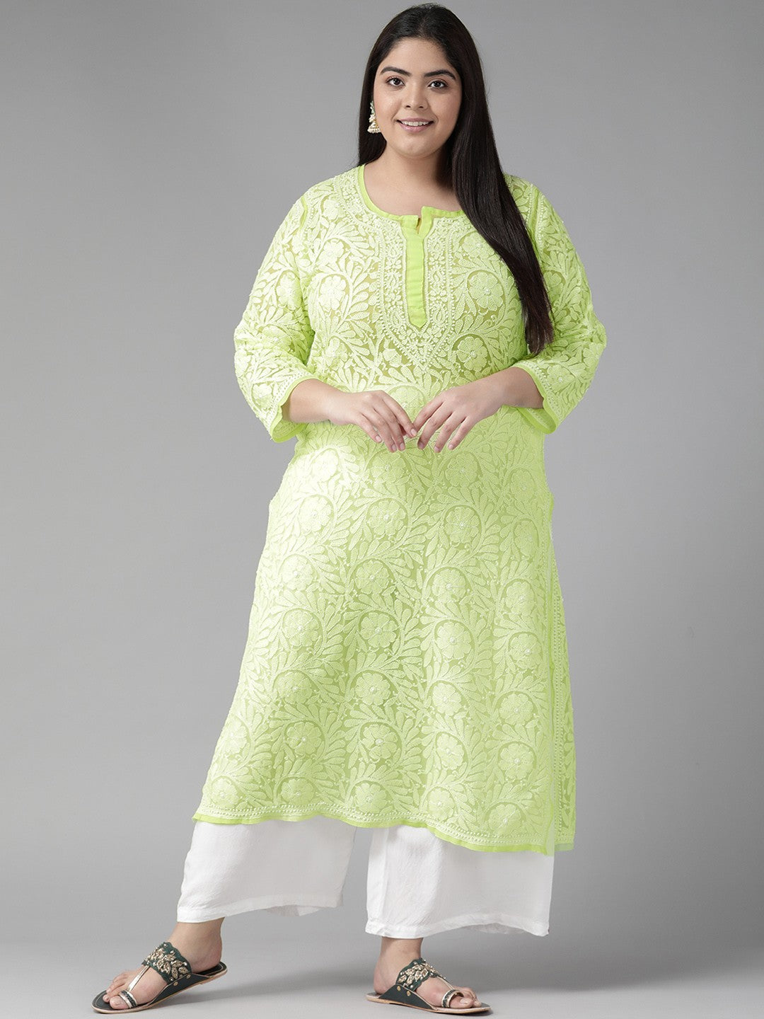 Ada Hand Embroidered Green Georgette Lucknowi Chikankari Straight Kurta A105281