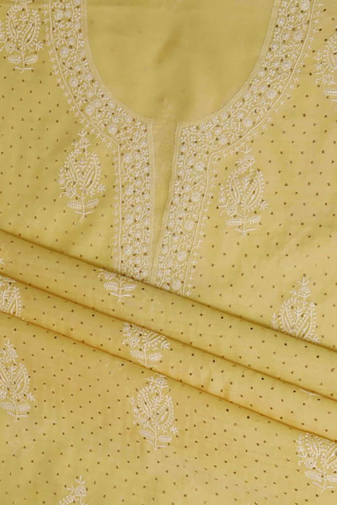 Ada Hand Embroidered Lemon Chanderi Lucknowi Chikankari Unstitched Suit Piece With Muqaish Work 01A86279