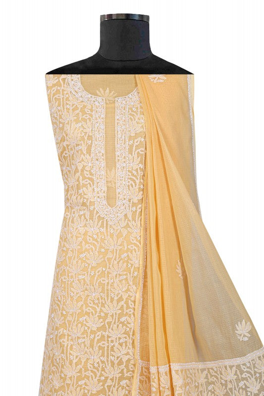 Ada Hand Embroidered Beige Kota Lucknowi Chikankari Unstitched Kurta Dupatta Set 01A160500