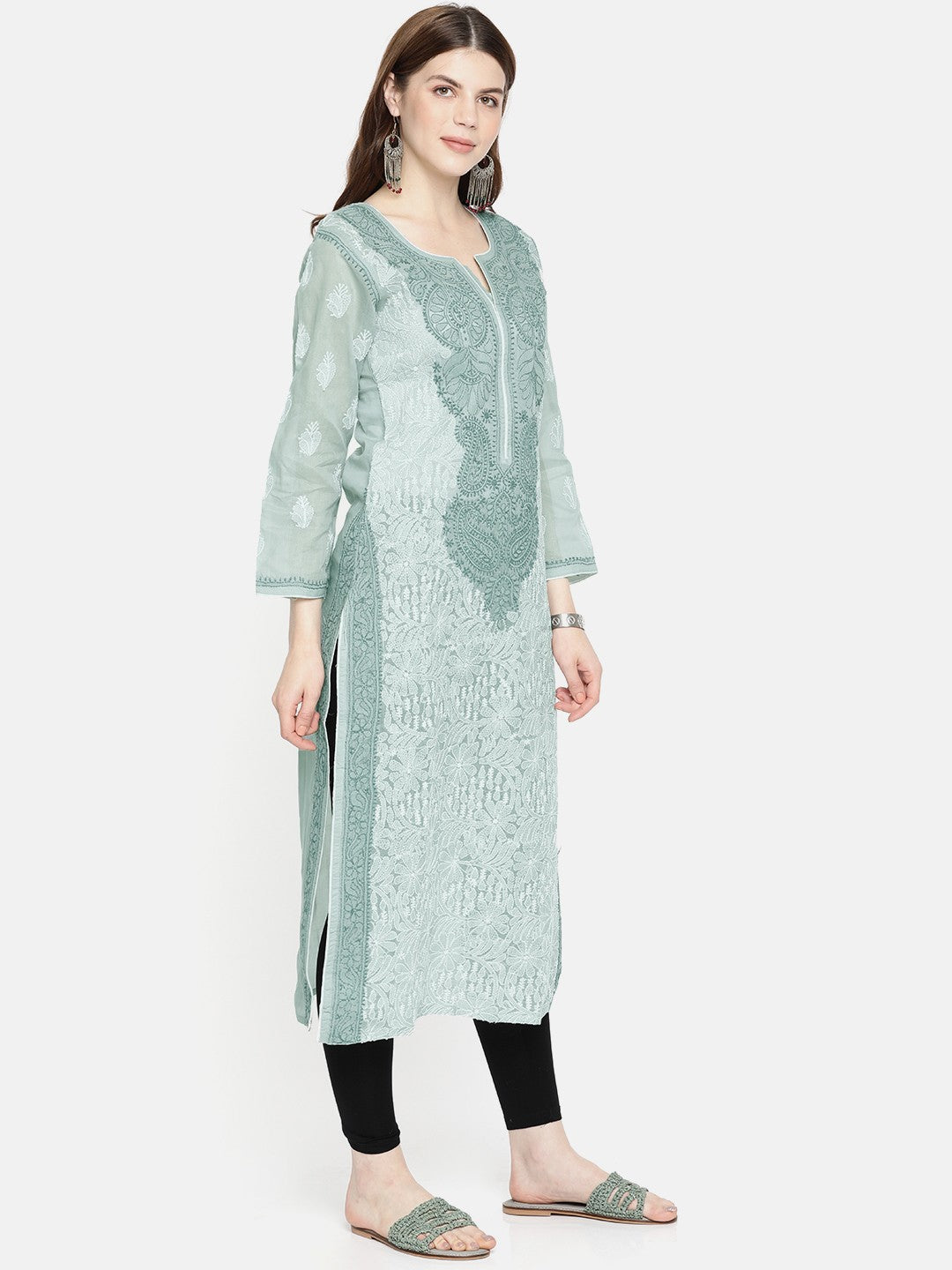 Ada Hand Embroidered Grey Cotton Lucknow Chikan Kurta- A230777