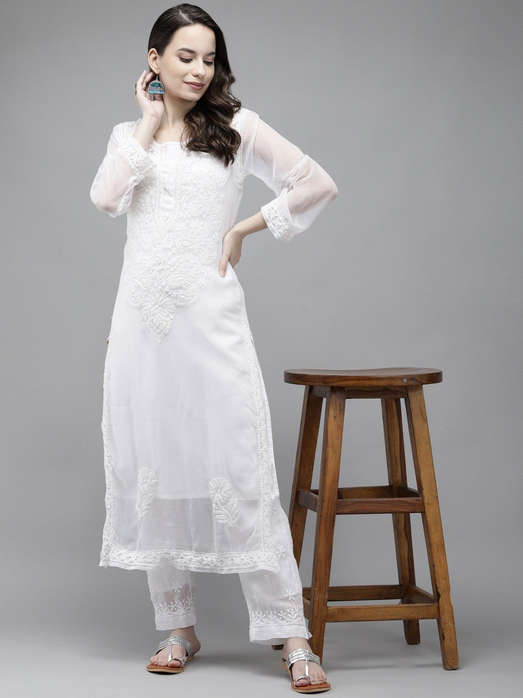 Ada Hand Embroidered White Georgette Lucknow Chikan Straight Kurta With Slip A411296
