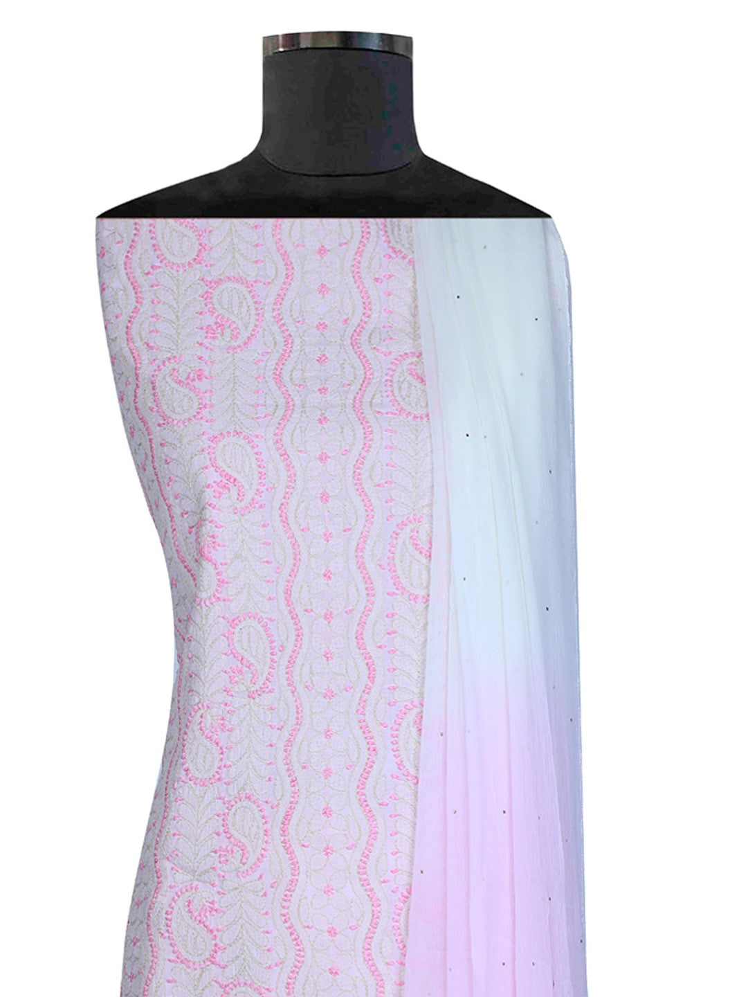 Ada Hand Embroidered Pink Cotton Lucknowi Chikan Unstitched Suit Piece– A619270