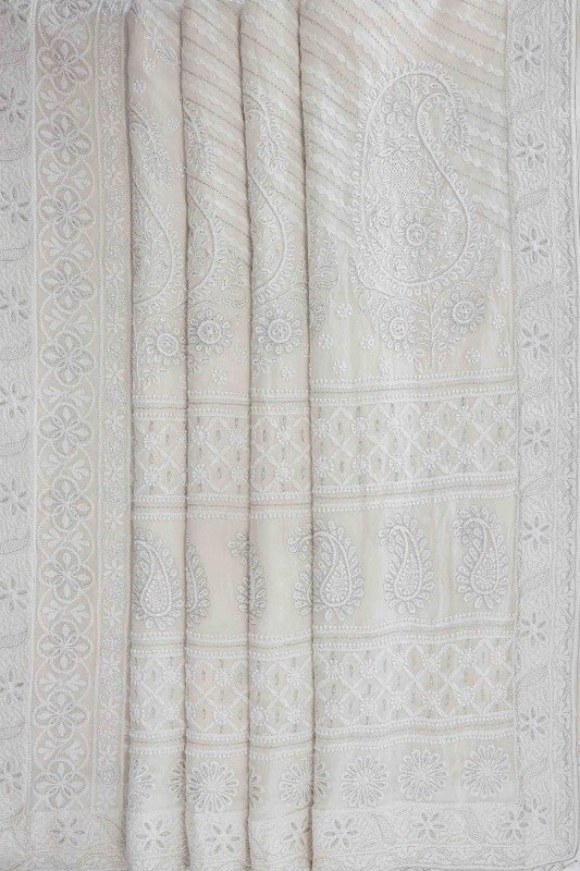 Ada Hand Embroidered White Pure Georgette Lucknowi Chikankari Saree with Blouse A456834