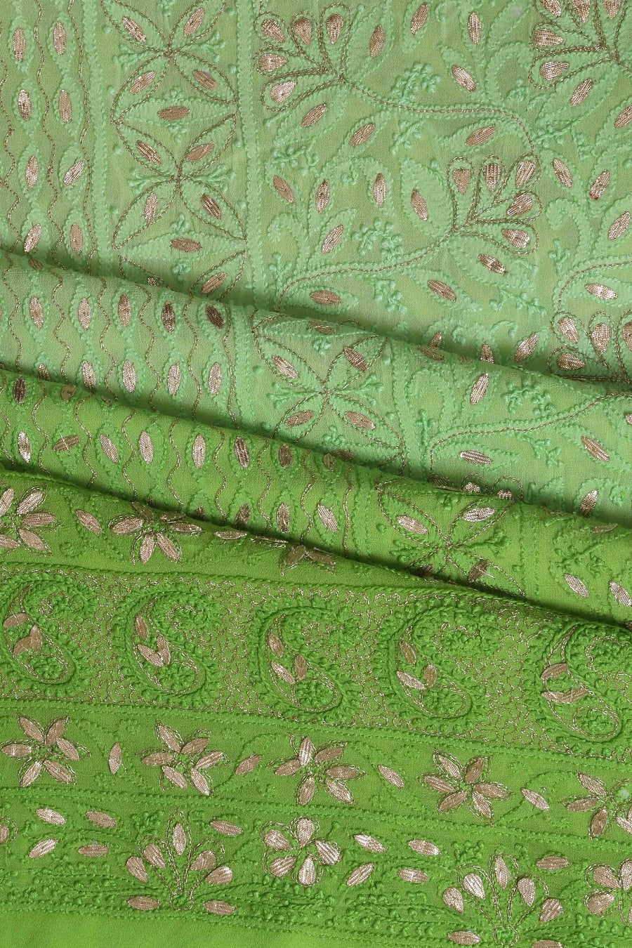 Ada Hand Embroidered Parrot Green Shaded Georgette Lucknowi Chikan Unstitched Kurta Dupatta Set with Gota Patti Work A480891