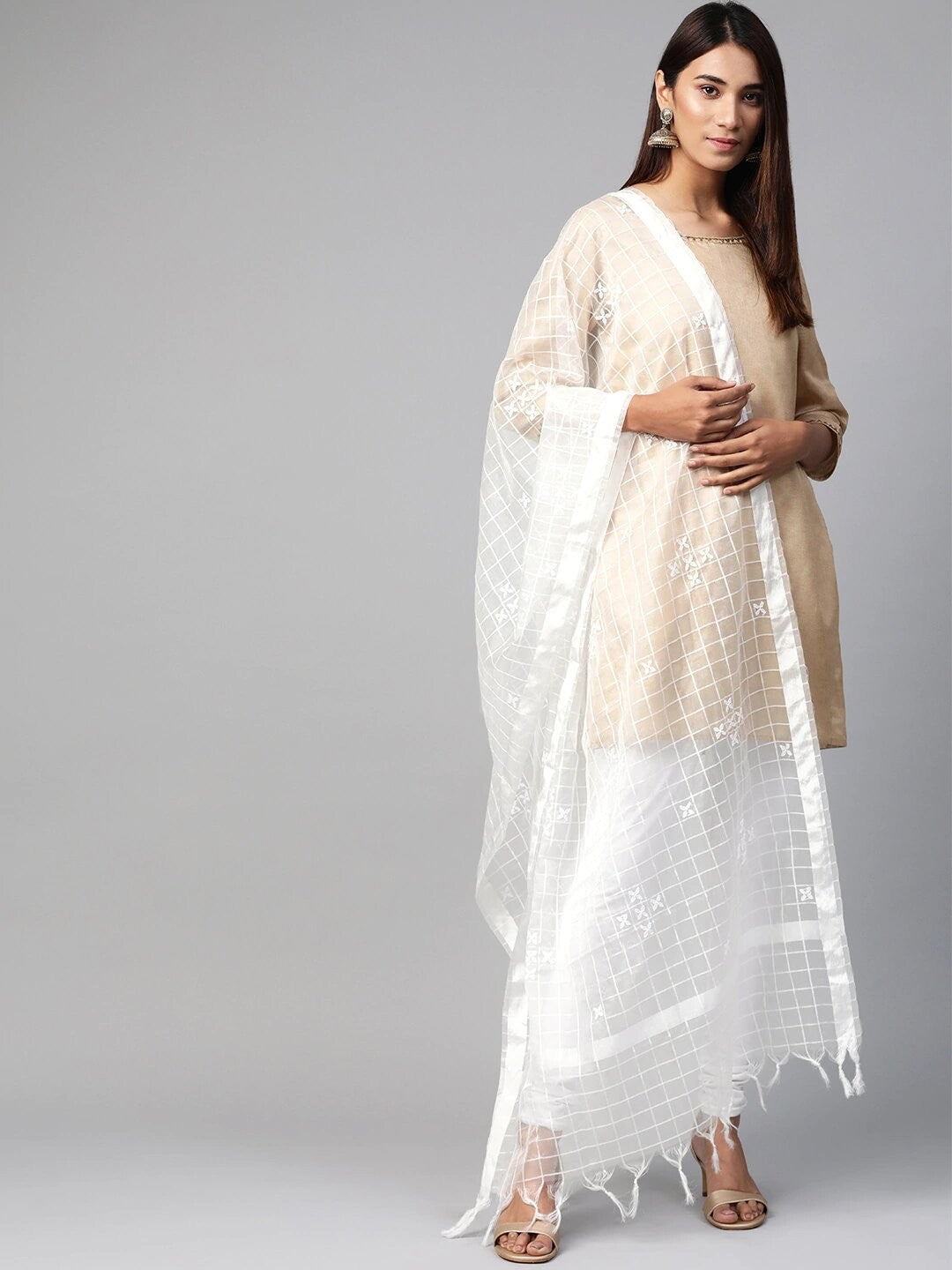 Ada Hand Embroidered White Organza Lucknowi Chikankari Dupatta-A511148