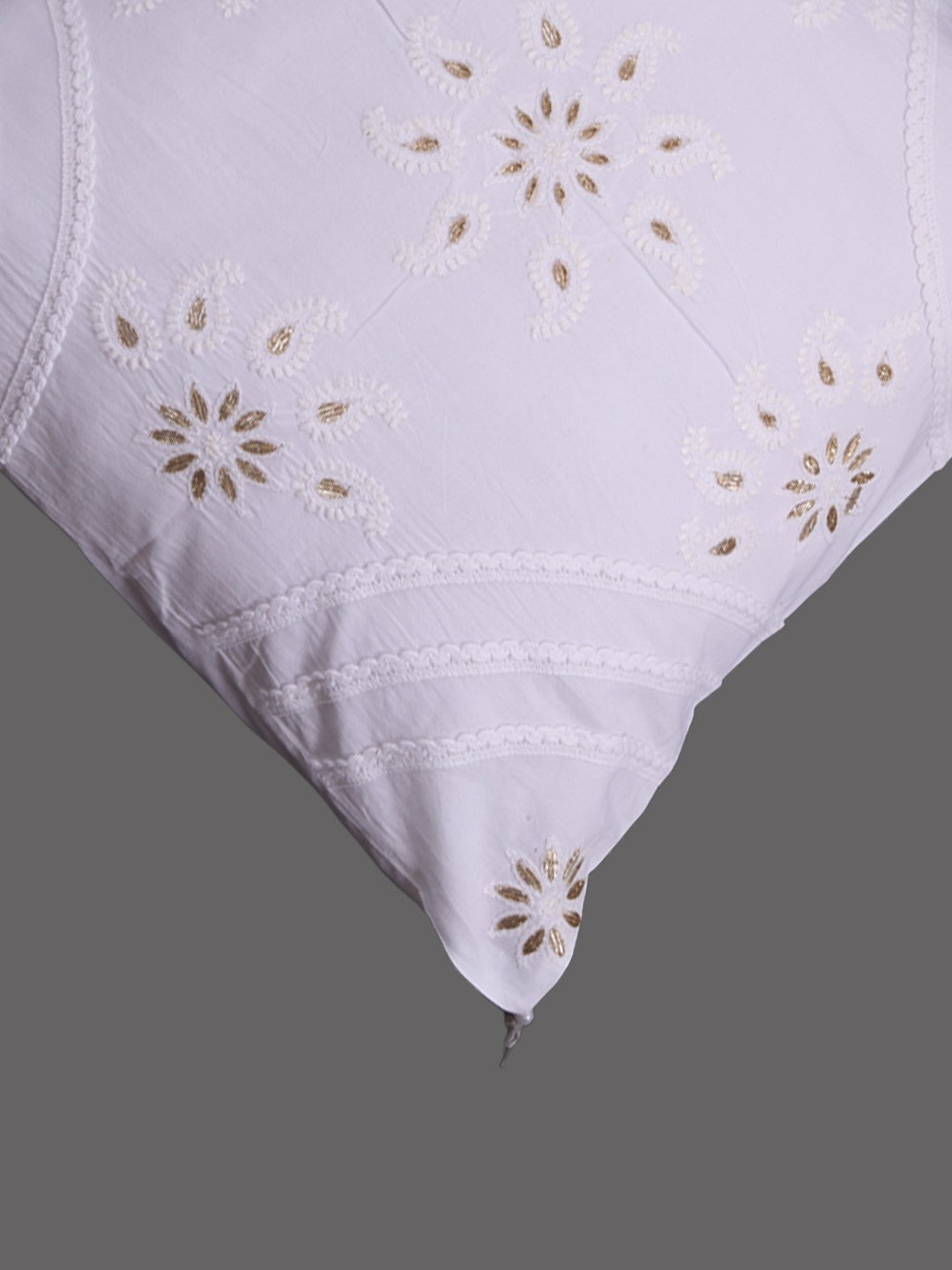 Ada Hand Embroidered White Cotton Lucknowi Chikankari Cushion Cover with Gota Patti Work A011102