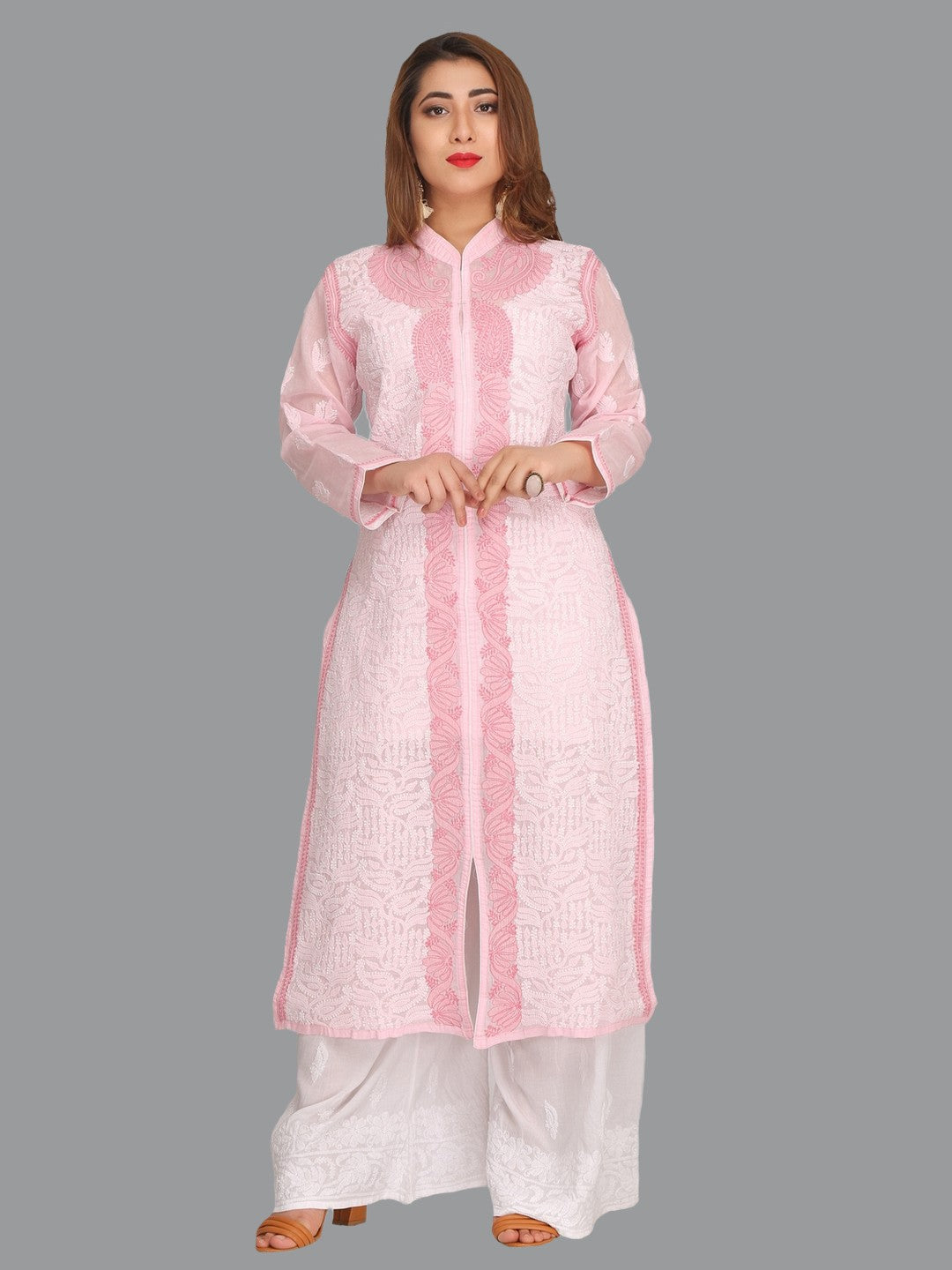 Ada Hand Embroidered Pink Cotton Lucknowi Chikankari Straight  Kurta A242163