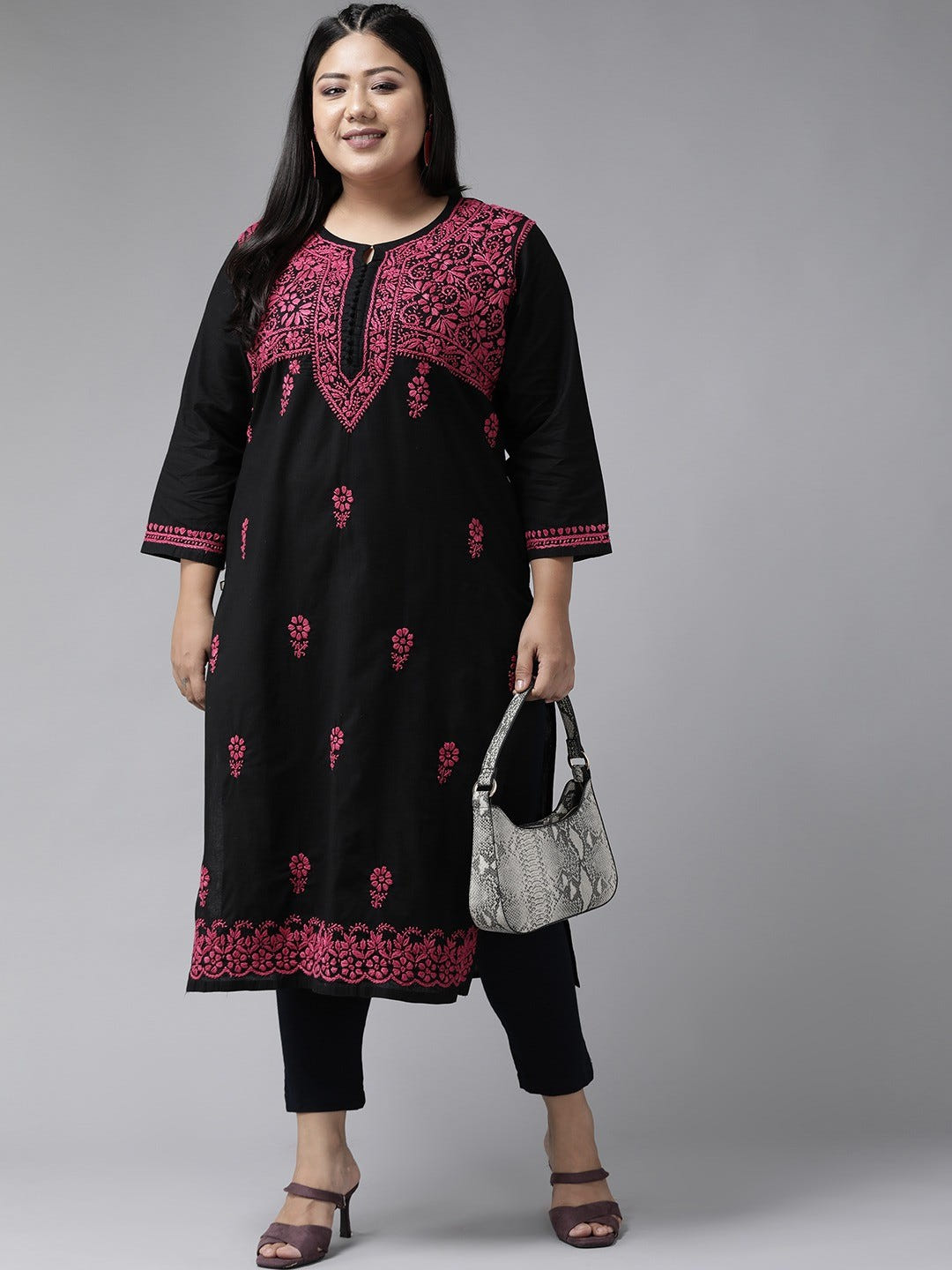 Ada Hand Embroidered Black Cotton Lucknowi Chikankari Straight Kurta A411543