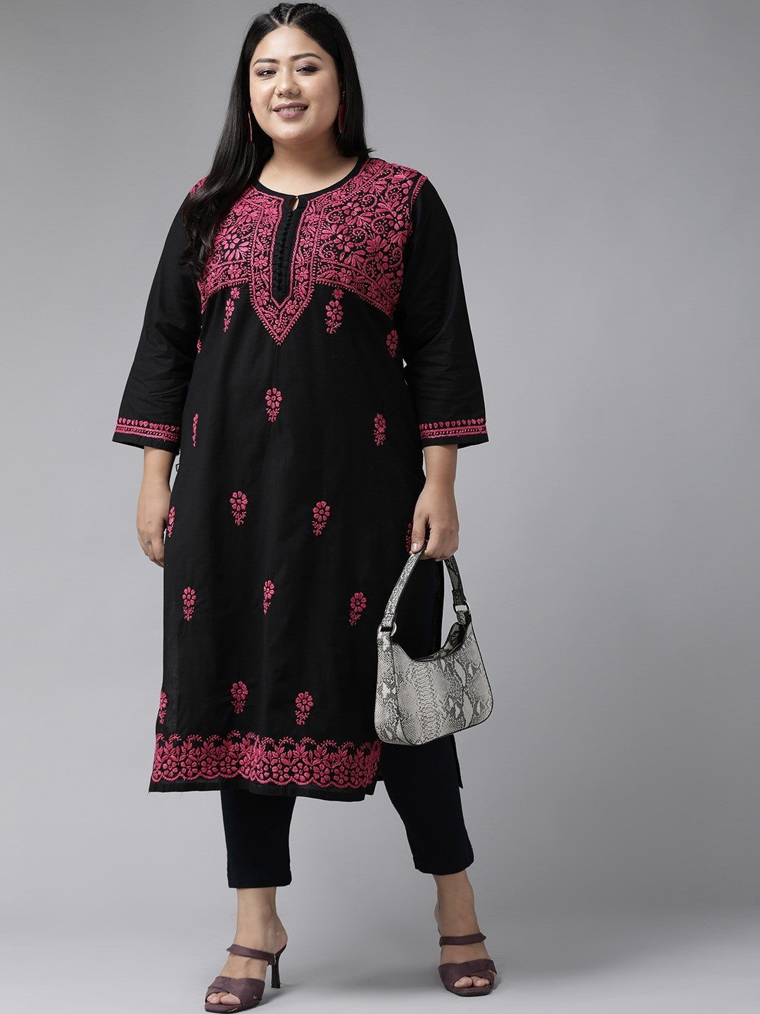 Ada Hand Embroidered Black Cotton Lucknowi Chikankari Straight Kurta A411543