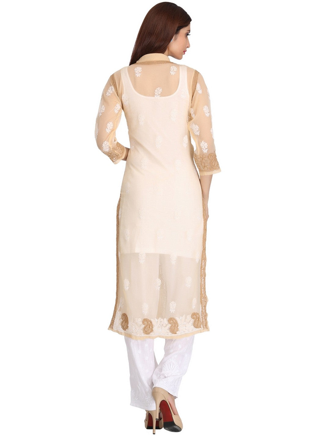 Ada Hand Embroidered Fawn Georgette Lucknow Chikan Straight Kurta A227262