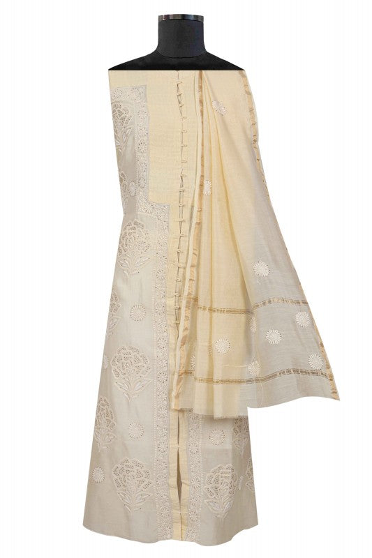 Ada Hand Embroidered Fawn Chanderi Lucknowi Chikan Semi-stitched Kurta Dupatta Set with Muqaish Work A497283