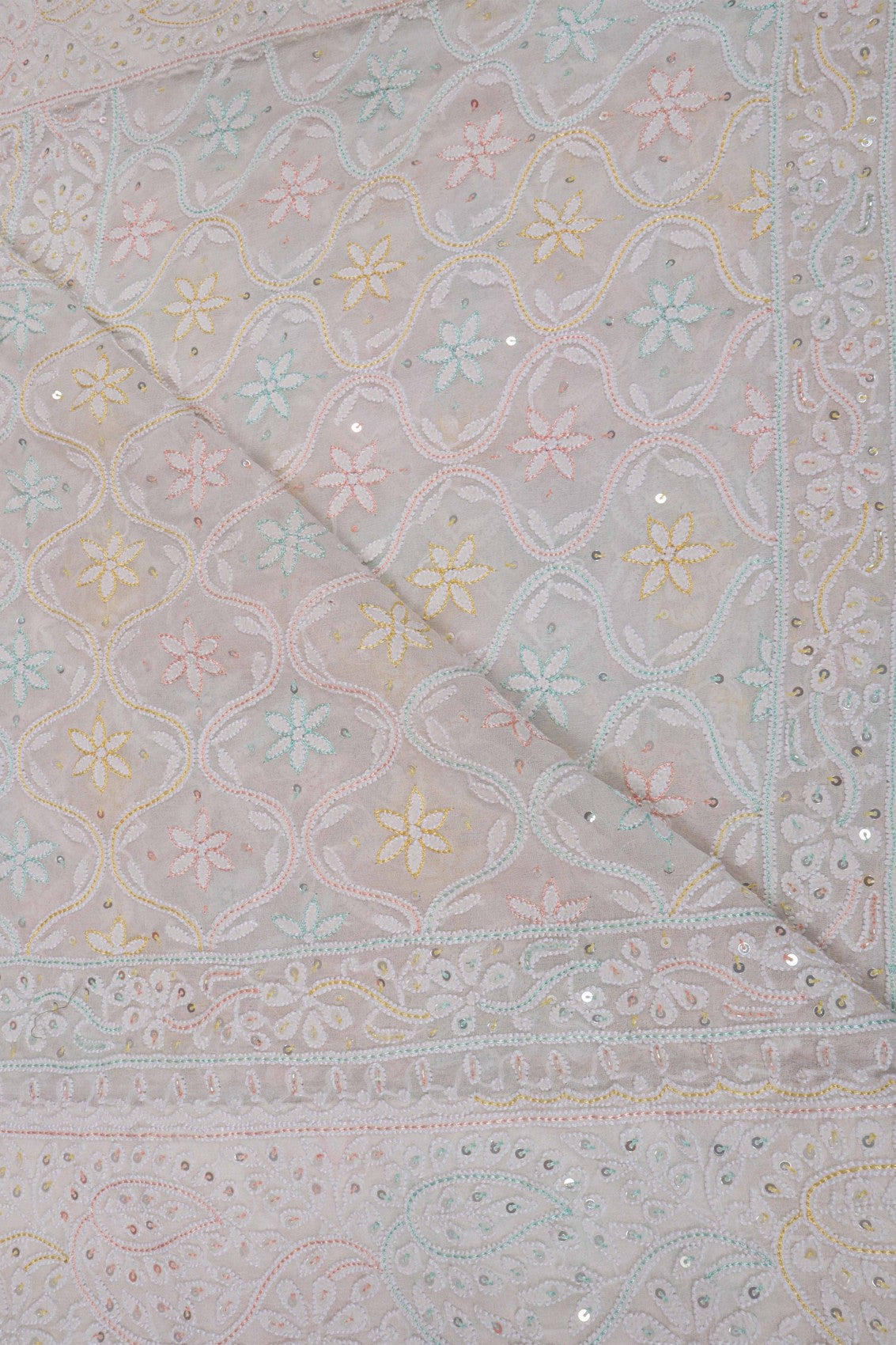 Ada Hand Embroidered White Pure Georgette Lucknowi Chikankari Dupatta With Sequinned Work A623930
