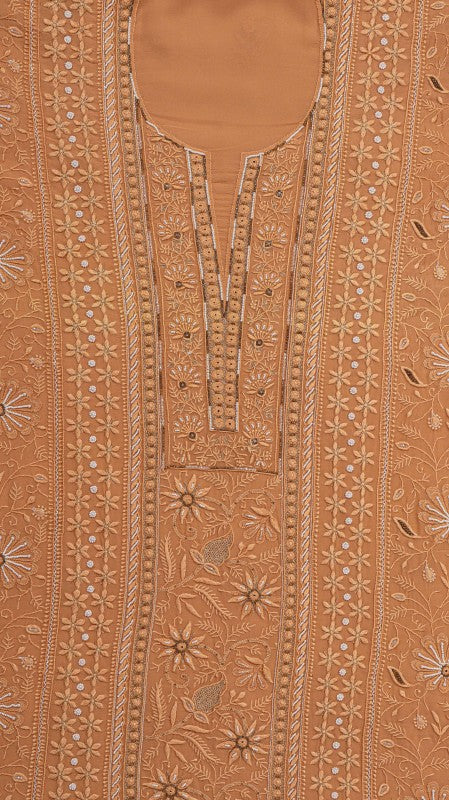 Ada Hand Embroidered Fawn Pure Georgette Lucknowi Chikan Unstitched Kurta Dupatta Set with Pearl Work A576803