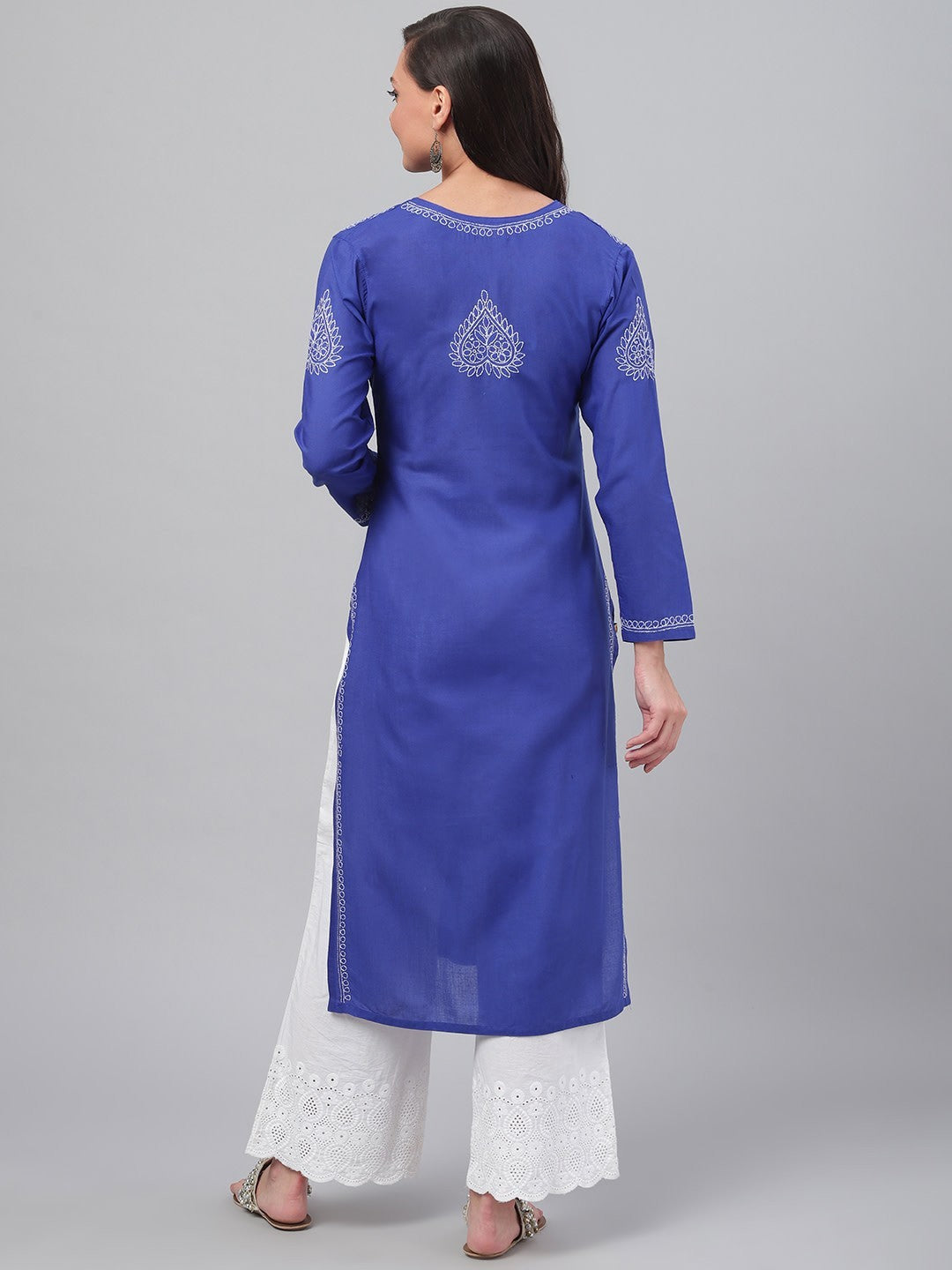 Ada Hand Embroidered Royal Blue Cotton Lucknow Chikan Straight Kurta A100480