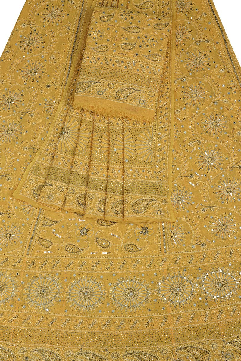 Ada Hand Embroidered Dandelion Yellow Pure Georgette Lucknowi Chikankari Lehenga Set With Muqaish Work– A20700