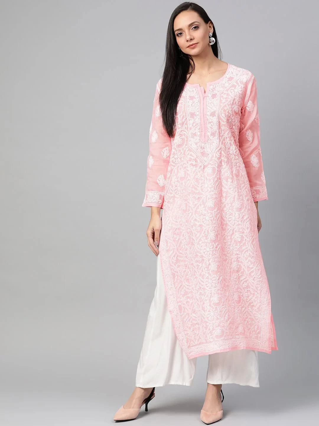 Ada Hand Embroidered Peach Cotton Lucknowi Chikankari Straight Kurta A100539