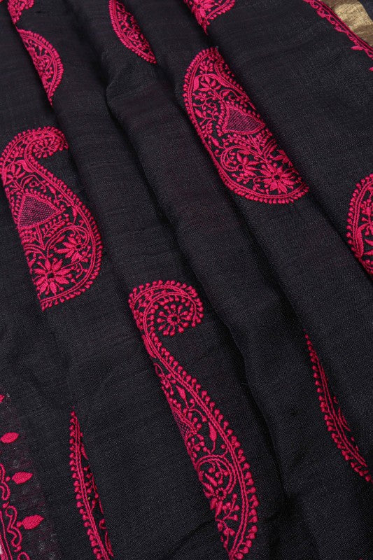 Ada Hand Embroidered Black Dual Shade Ghicha Silk Lucknowi Chikankari Saree With Blouse A49744