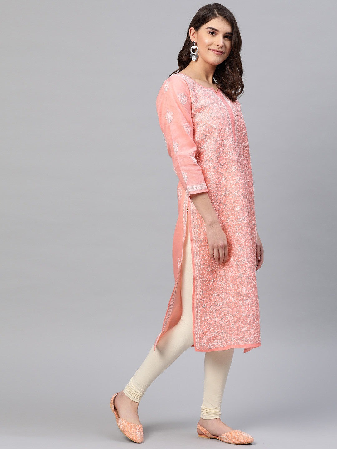 Ada Hand Embroidered Peach Cotton Lucknow Chikankari Straight Kurta A411165