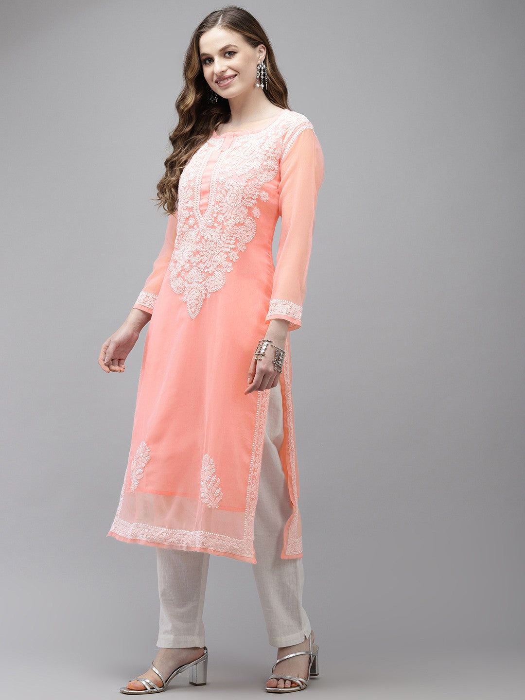 Ada Hand Embroidered Peach Georgette Lucknow Chikan Straight Kurta with Slip A411360