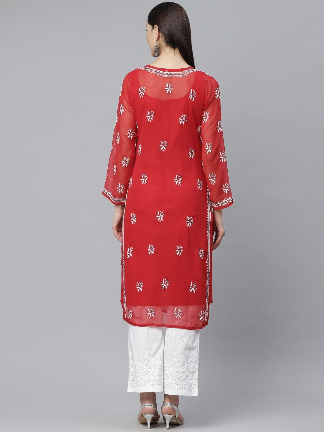 Ada Hand Embroidered Red Georgette Lucknowi Chikankari Straight Kurta/Palazzo Set With Slip A811143
