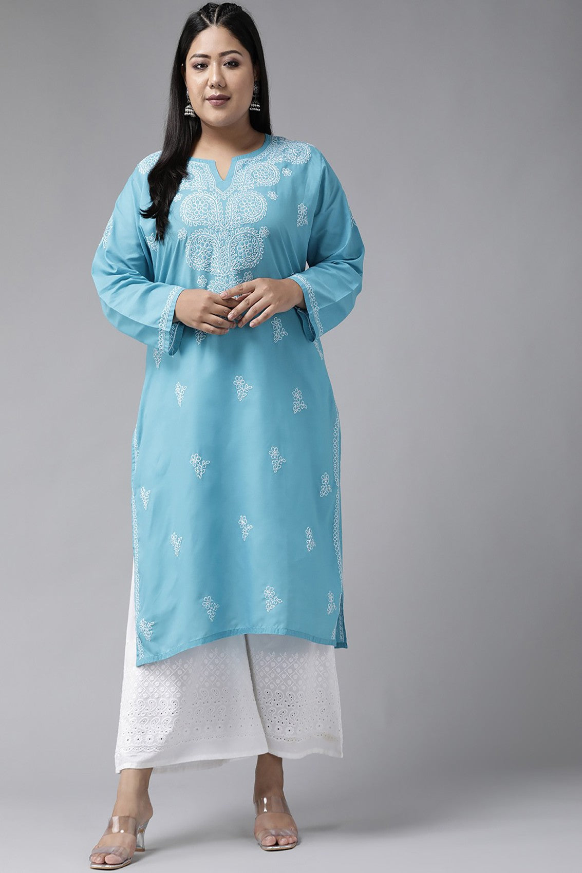 Ada Hand Embroidered Blue Cotton Lucknowi Chikankari Straight Kurta A197497