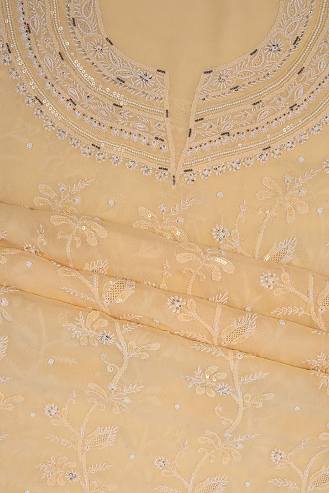 Ada Hand Embroidered Fawn Pure Georgette Lucknowi Chikankari Unstitched Suit Piece With Pearl Work A58116