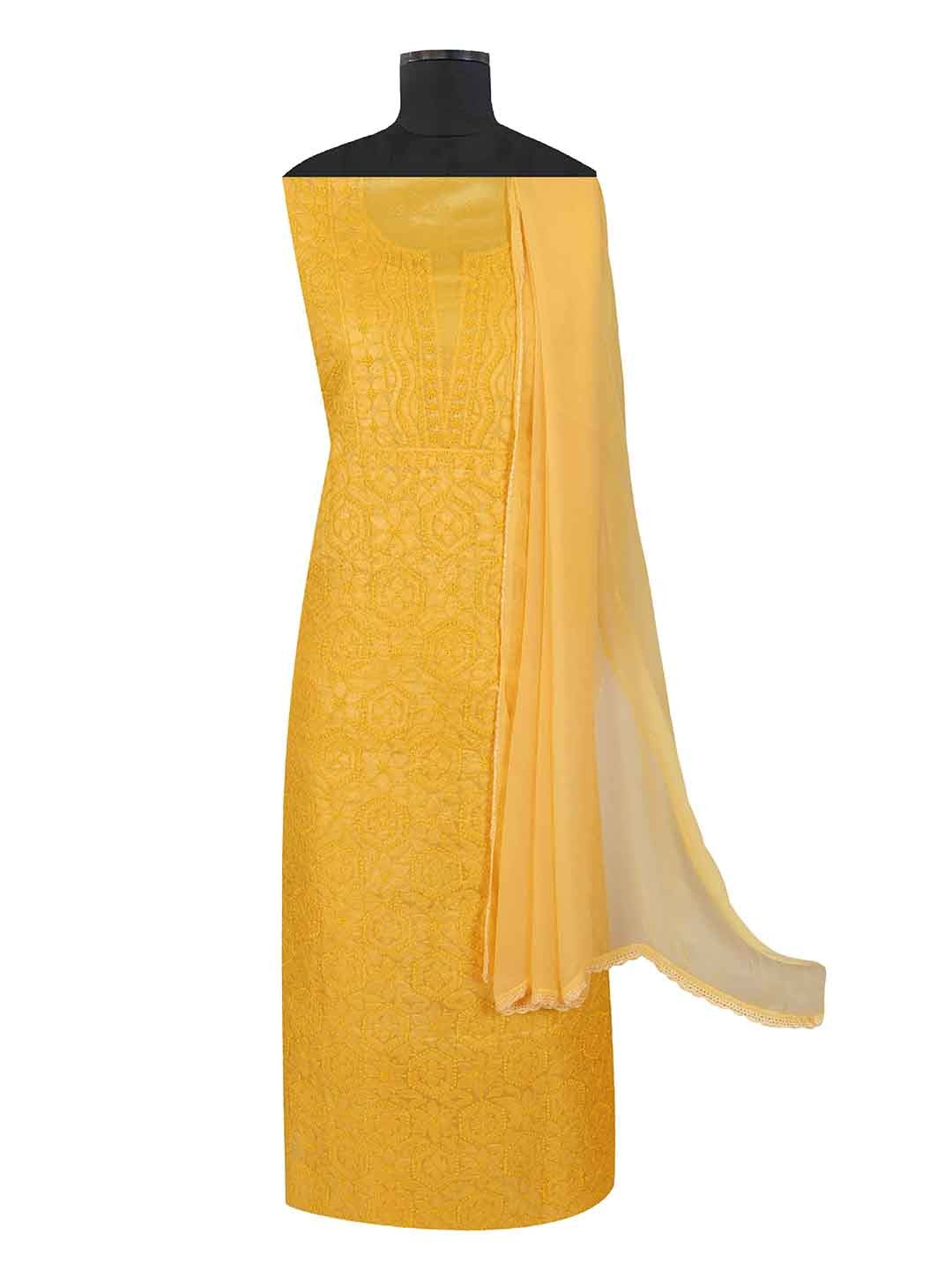 Ada Hand Embroidered Yellow Silk Lucknowi Chikankari Unstitched Suit Piece 01A167144