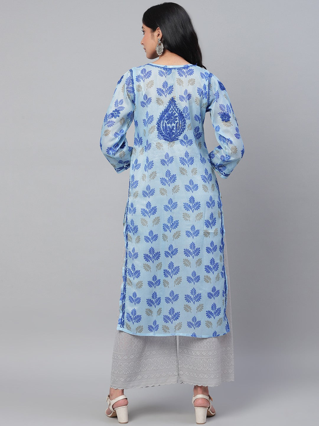 Ada Hand Embroidered Blue Kota Lucknowi Chikankari Straight Kurta A100584