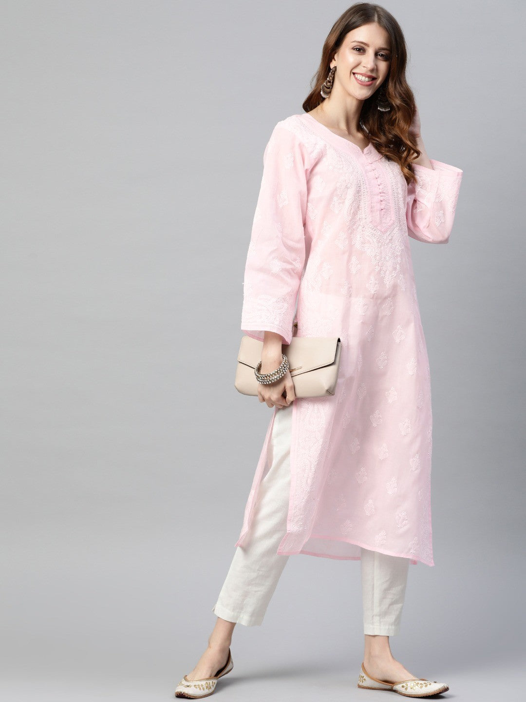 Ada Hand Embroidered Pink Cotton Lucknowi Chikankari Straight Kurta A236273