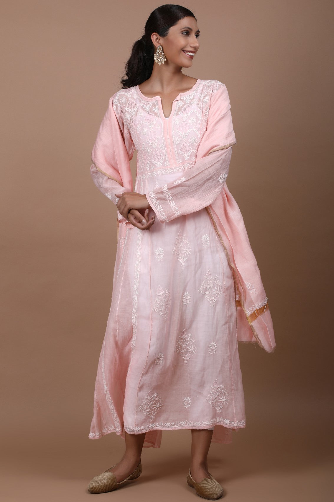 Ada Hand Embroidered Apricot Peach Chanderi Lucknowi Chikankari Semi-Stitched Anarkali Kurta Dupatta Set 01A247815