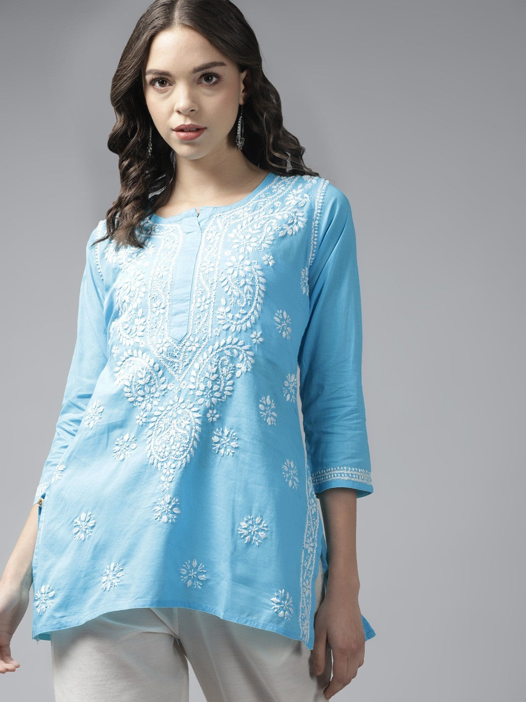 Ada Hand Embroidered Sky Blue Cotton Lucknowi Chikankari Short Kurti A911186
