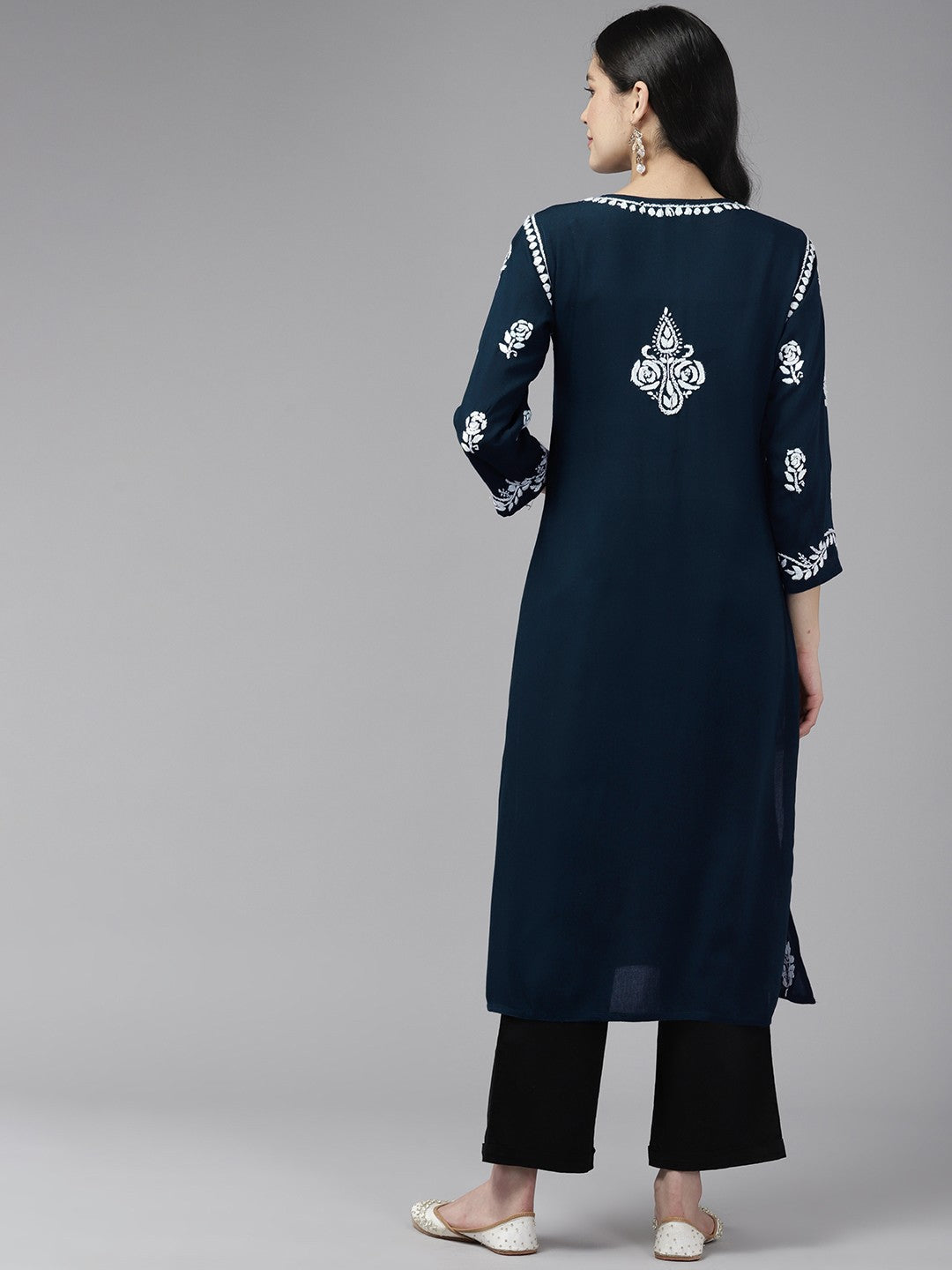 Ada Hand Embroidered Navy Blue Rayon Lucknowi Chikankari Straight Kurta A411447