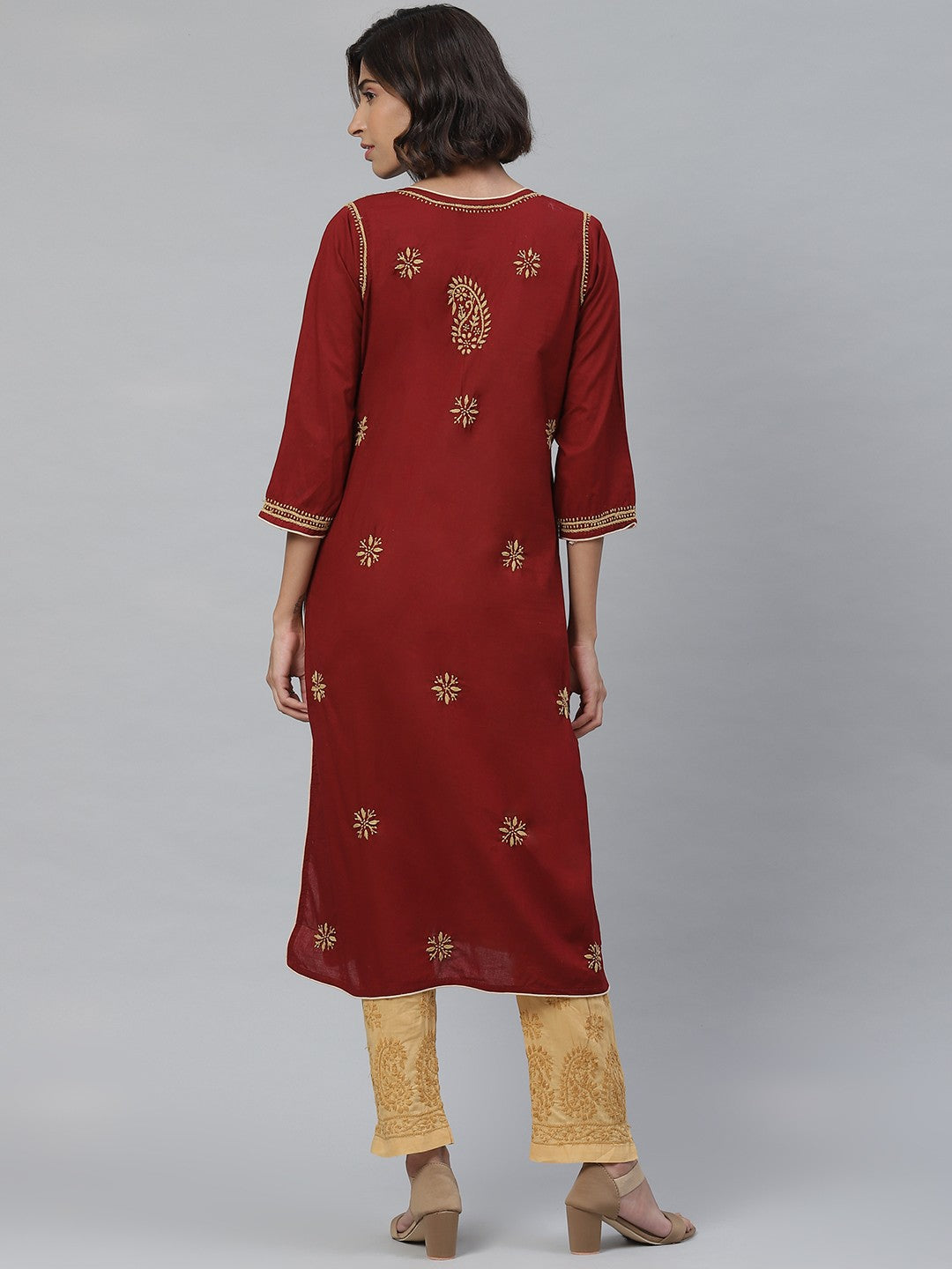 Ada Hand Embroidered Maroon Cotton Lucknowi Chikankari Kurta With Palazzo A811117