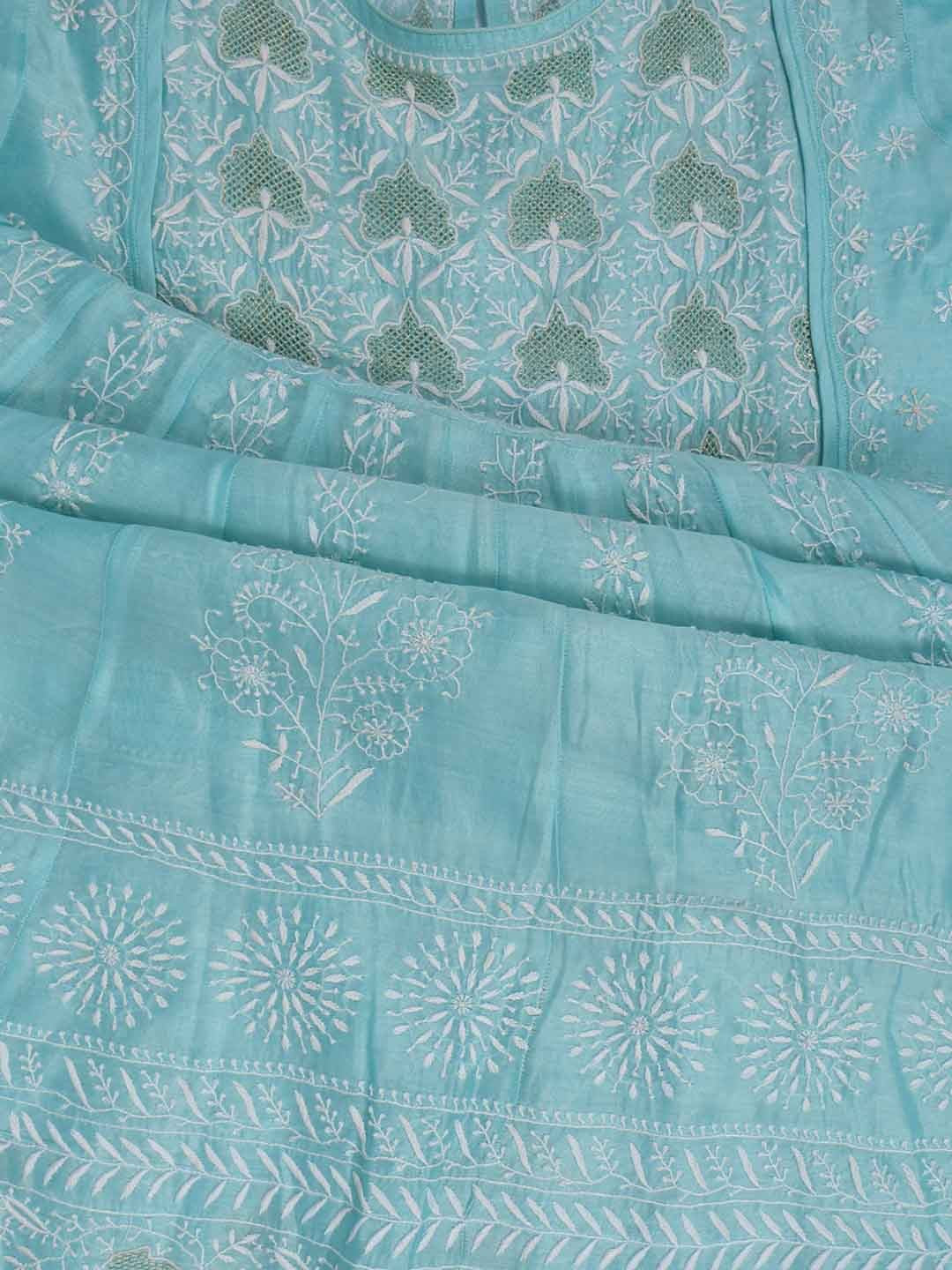 Ada Hand Embroidered Tame Teal Blue Chanderi Lucknowi Chikankari Semi-Stitched Anarkali Kurta Dupatta Set With Zari Work 01A205806