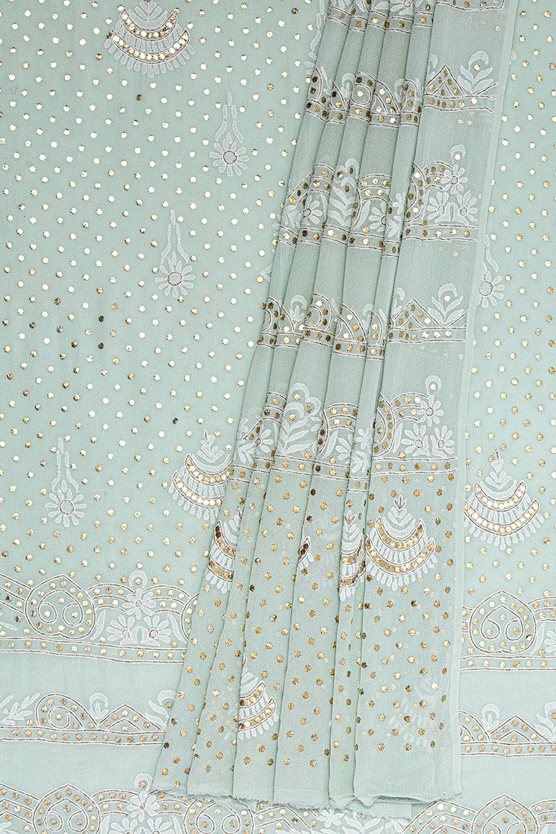 Ada Hand Embroidered Pista Green Pure Georgette Lucknowi Chikan Unstitched Kurta Dupatta Set With Muqaish Work- A414393