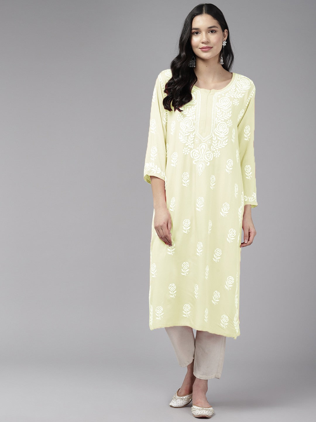 Ada Hand Embroidered Lemon Rayon Lucknowi Chikankari Straight Kurta A411452