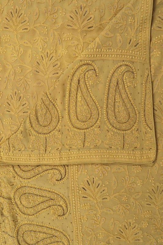 Ada Hand Embroidered Gold Mustard Pure Georgette Lucknowi Chikankari Dupatta with Cutdana Work A589250