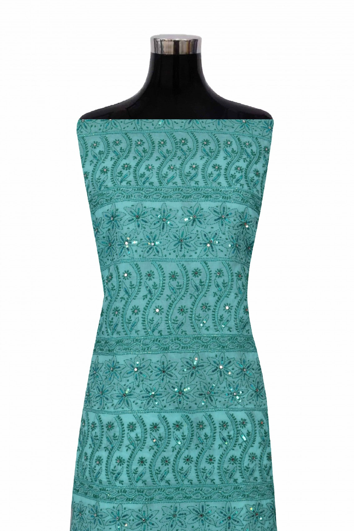 Ada Hand Embroidered Sea Green Cotton Lucknowi Chikan Unstitched Suit Piece With Pearl Work A51520