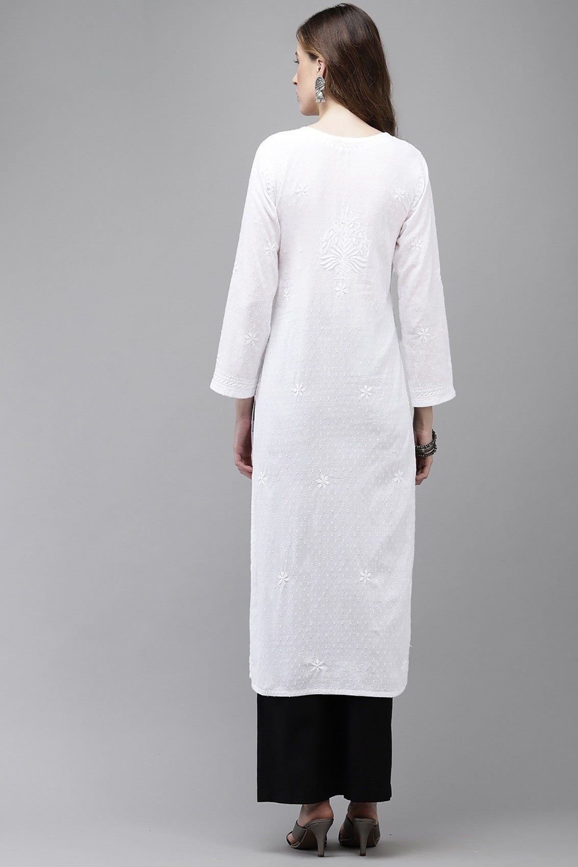 Ada Hand Embroidered White Cotton Lucknow Chikankari Straight Kurta A411323