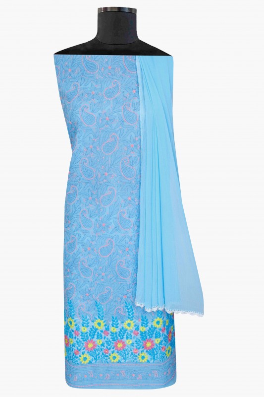 Ada Hand Embroidered Blue Cotton Lucknowi Chikan Unstitched Suit Piece-A100166