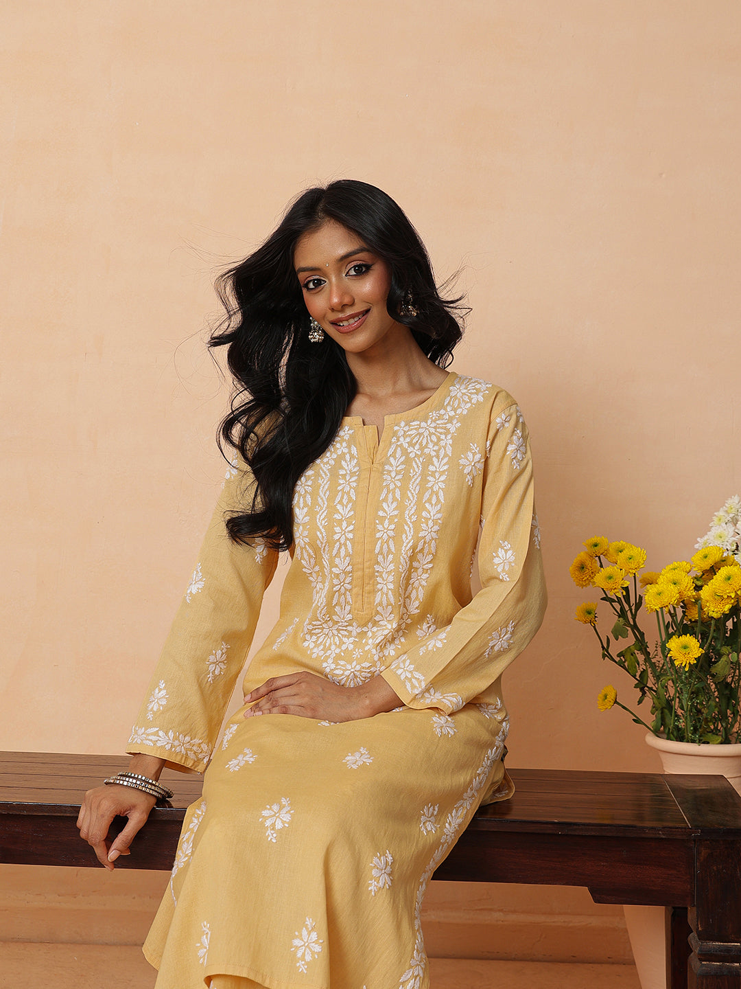 Ada Hand Embroidered Fawn Linen Lucknowi Chikankari Co-Ord Set A811386
