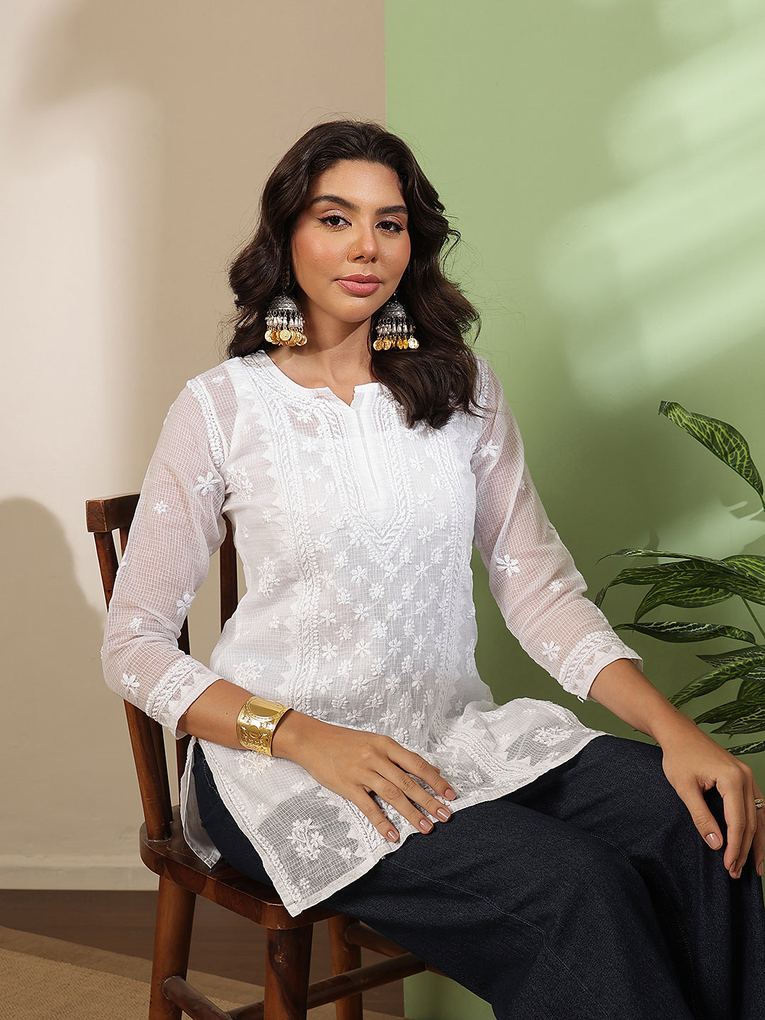Ada Hand Embroidered White Kota Lucknow Chikankari Short Kurti With Slip A911566